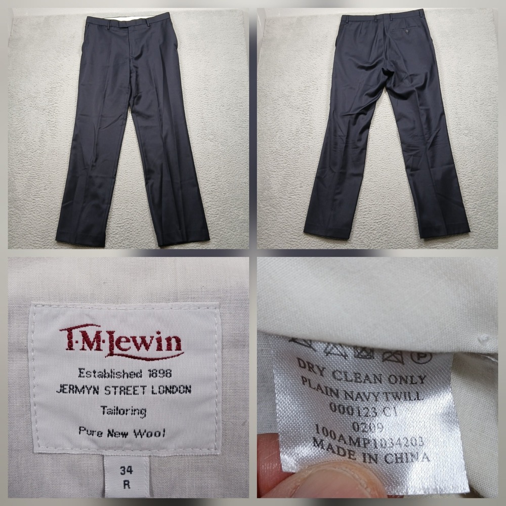 T.M. Lewin‎ Dress Pants 34R Navy Pure New Wool Tailored Fit London